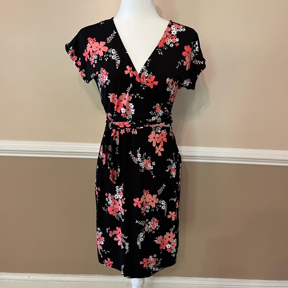 Michael Kors Floral Faux Wrap belted Dress - Black, pink, coral and white